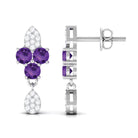 Round Amethyst and Diamond Contemporary Dangle Earrings Amethyst - ( AAA ) - Quality - Rosec Jewels