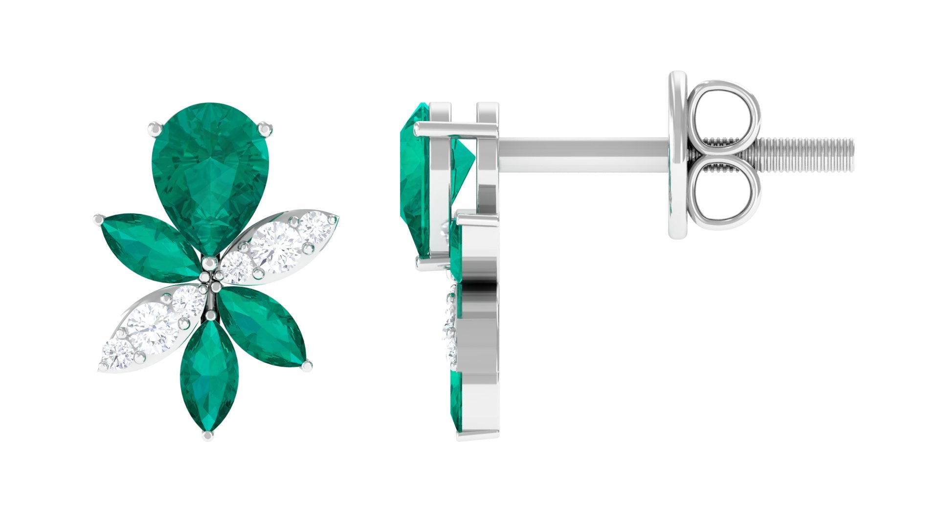 Nature Inspired Floral Stud Earrings with Emerald and Diamond Emerald - ( AAA ) - Quality - Rosec Jewels