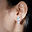 Emerald Cut Swiss Blue Topaz and Freshwater Pearl Drop Earrings Freshwater Pearl - ( AAA ) - Quality - Rosec Jewels