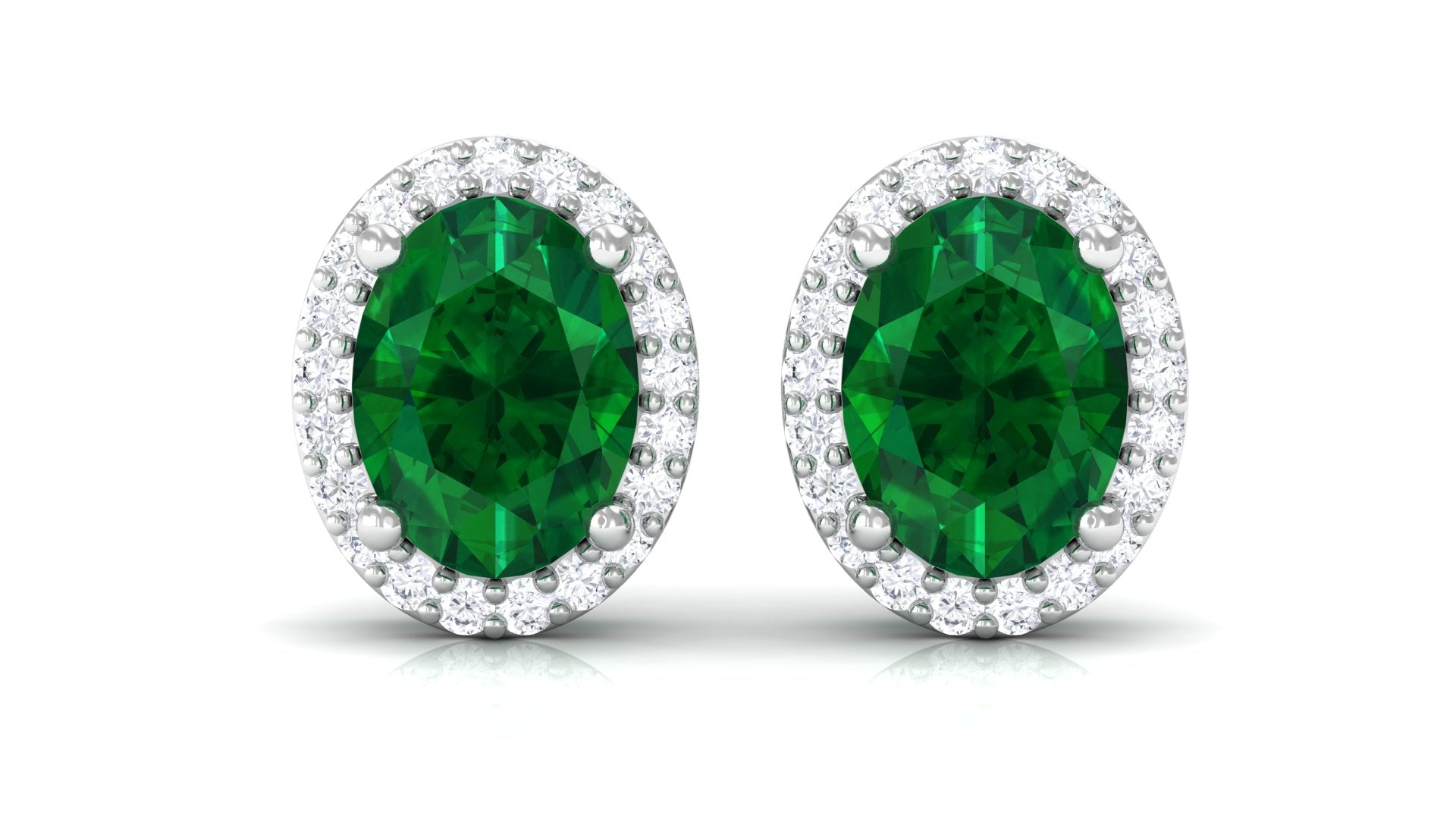 Classic Oval Shaped Lab Grown Emerald and Diamond Halo Stud Earrings Lab Created Emerald - ( AAAA ) - Quality - Rosec Jewels