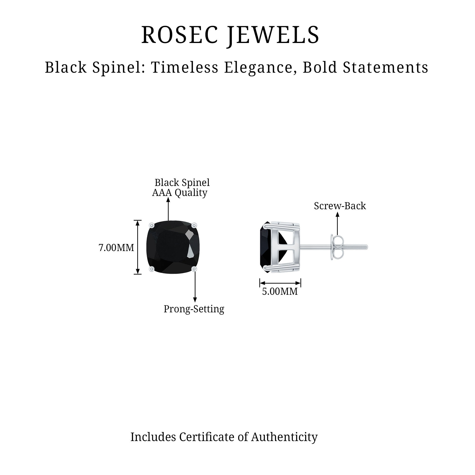 2.75 CT Cushion Cut Black Spinel Solitaire Stud Earrings Black Spinel - ( AAA ) - Quality - Rosec Jewels