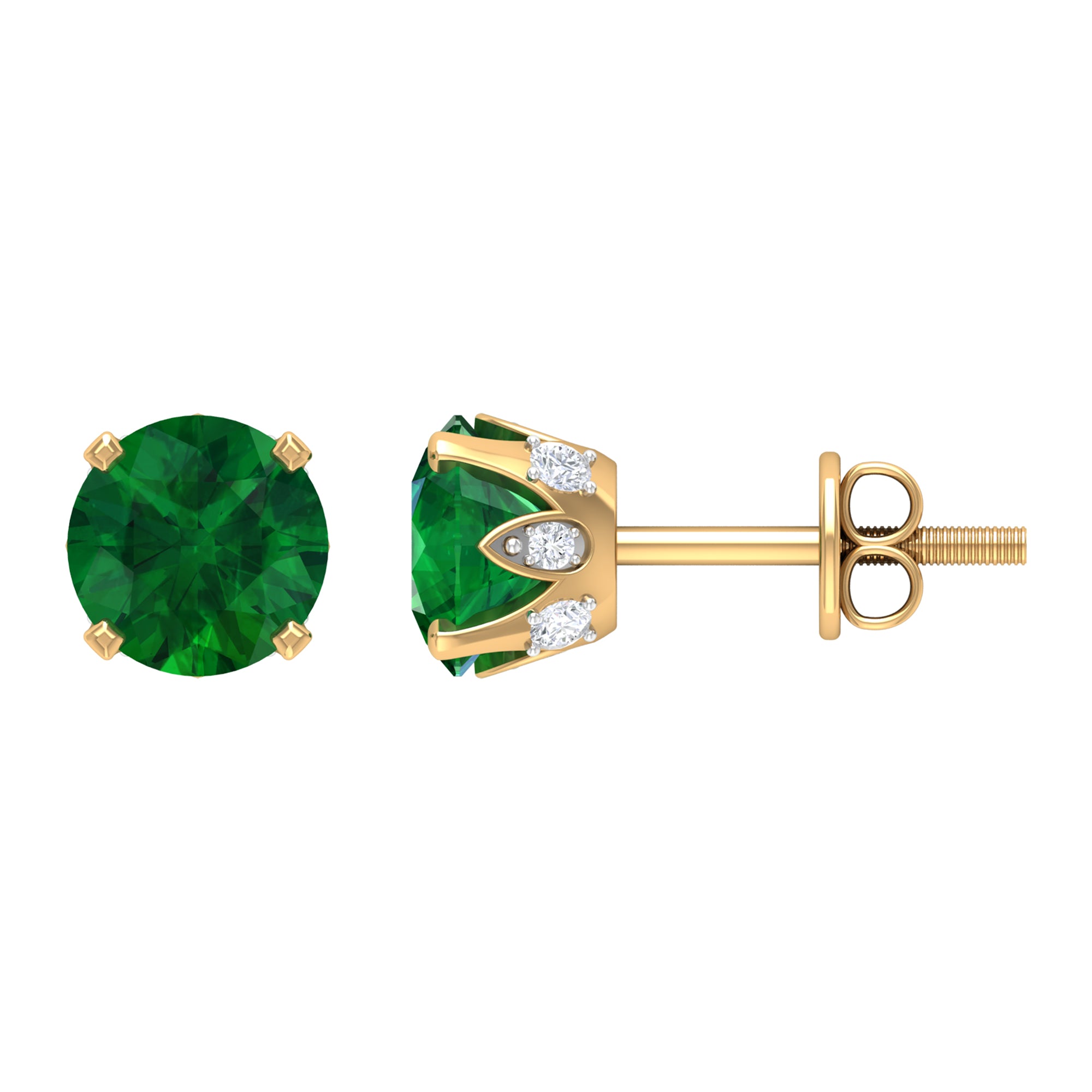 2 CT Created Emerald Solitaire Stud Earrings with Diamond Accent Lab Created Emerald - ( AAAA ) - Quality - Rosec Jewels