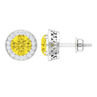 Classic Stud Earrings with Lab Grown Yellow Sapphire and Diamond Halo Lab Created Yellow Sapphire - ( AAAA ) - Quality - Rosec Jewels