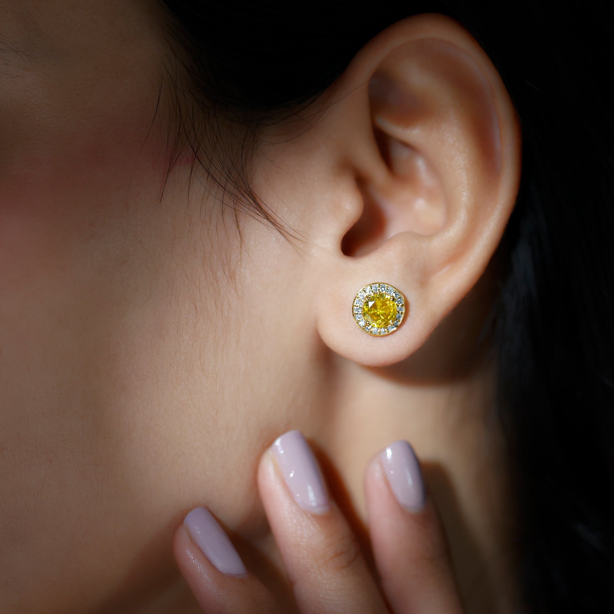 Classic Stud Earrings with Lab Grown Yellow Sapphire and Diamond Halo Lab Created Yellow Sapphire - ( AAAA ) - Quality - Rosec Jewels