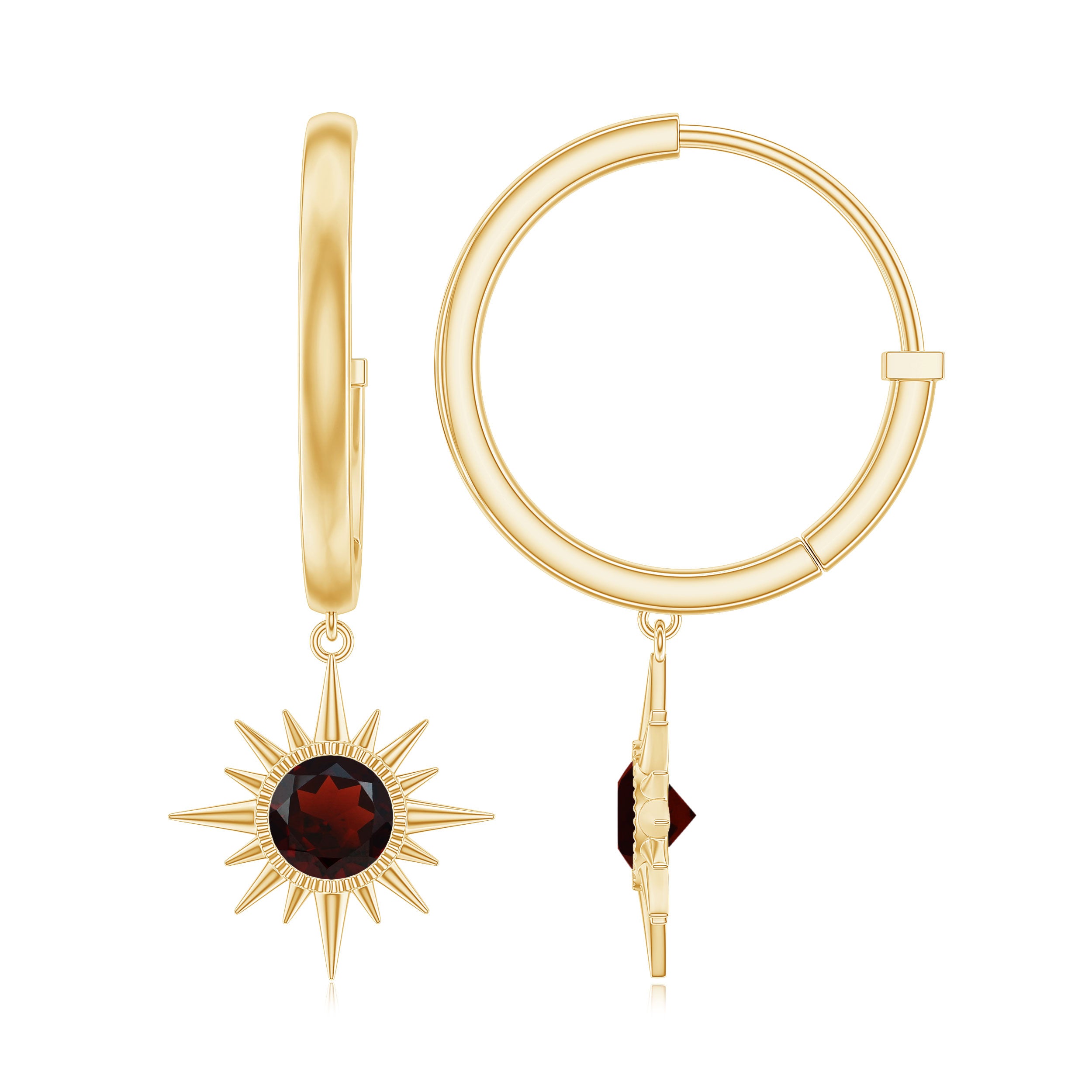 3/4 CT Milgrain Bezel Set Garnet Sunburst Drop Hoop Earrings Garnet - ( AAA ) - Quality - Rosec Jewels