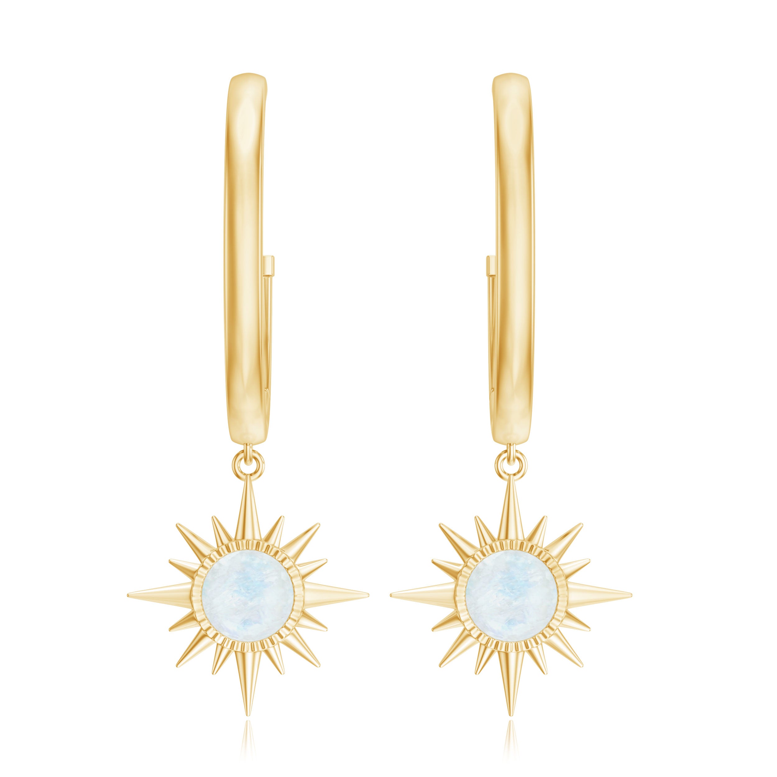 4 MM Round Shape Moonstone and Gold Sunburst Hoop Drop Earrings For Women Moonstone - ( AAA ) - Quality - Rosec Jewels