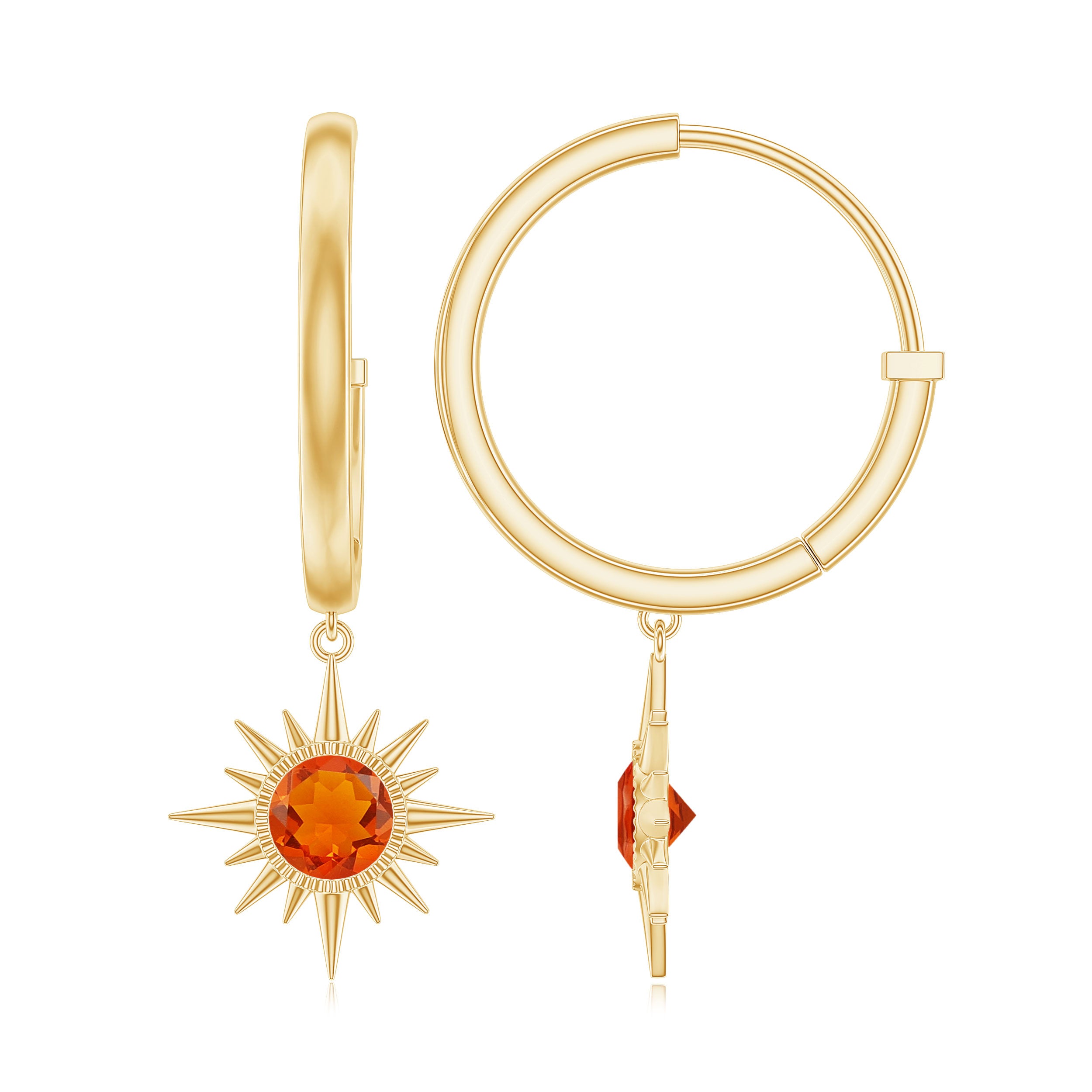 4 MM Round Shape Fire Opal and Gold Sunburst Hoop Drop Earrings For Women Fire Opal - ( AAA ) - Quality - Rosec Jewels