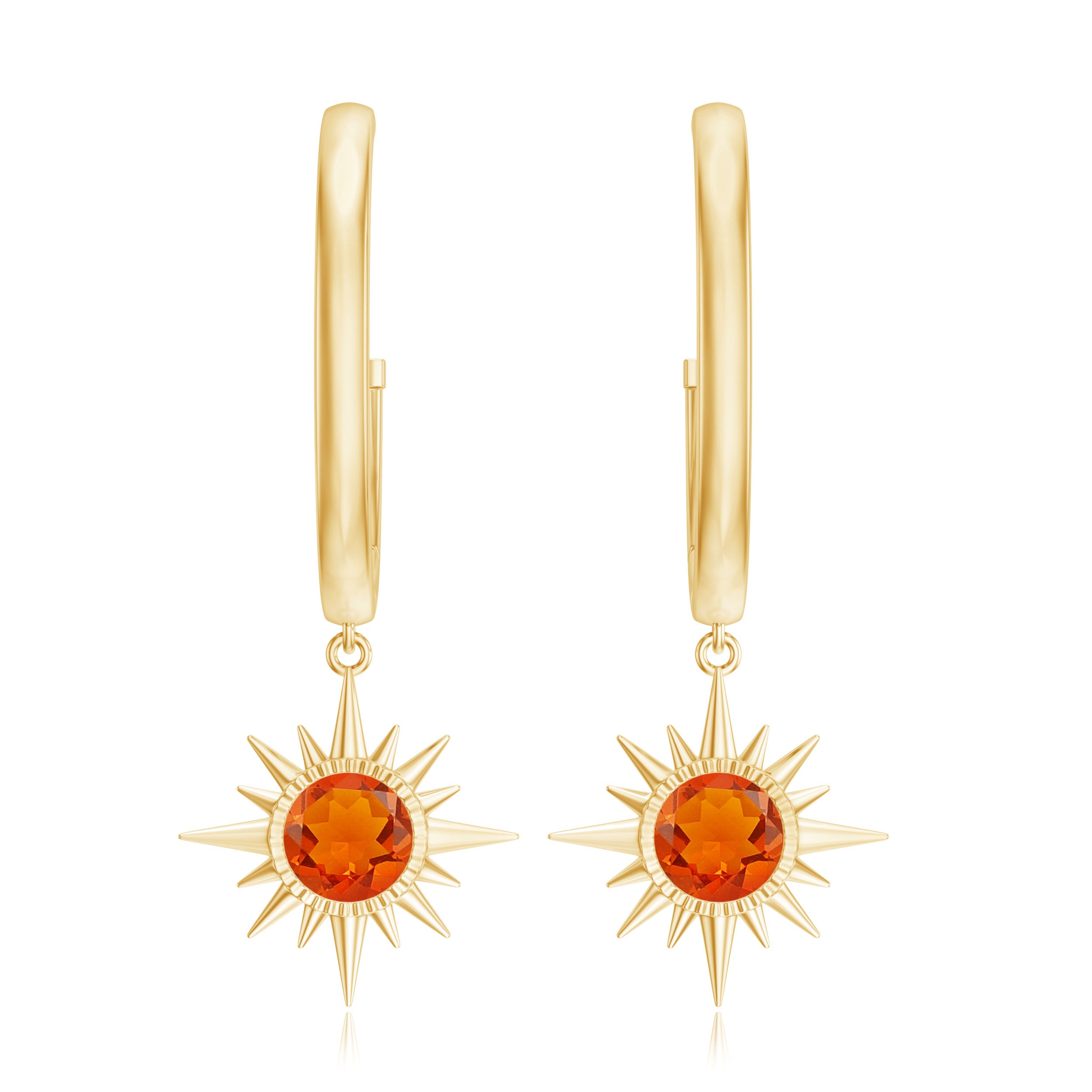 4 MM Round Shape Fire Opal and Gold Sunburst Hoop Drop Earrings For Women Fire Opal - ( AAA ) - Quality - Rosec Jewels