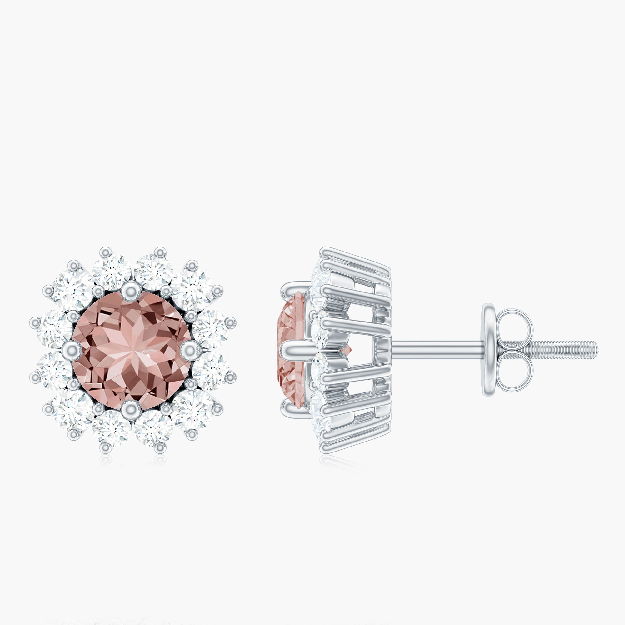 1 CT Morganite and Diamond Halo Stud Earrings Morganite - ( AAA ) - Quality - Rosec Jewels