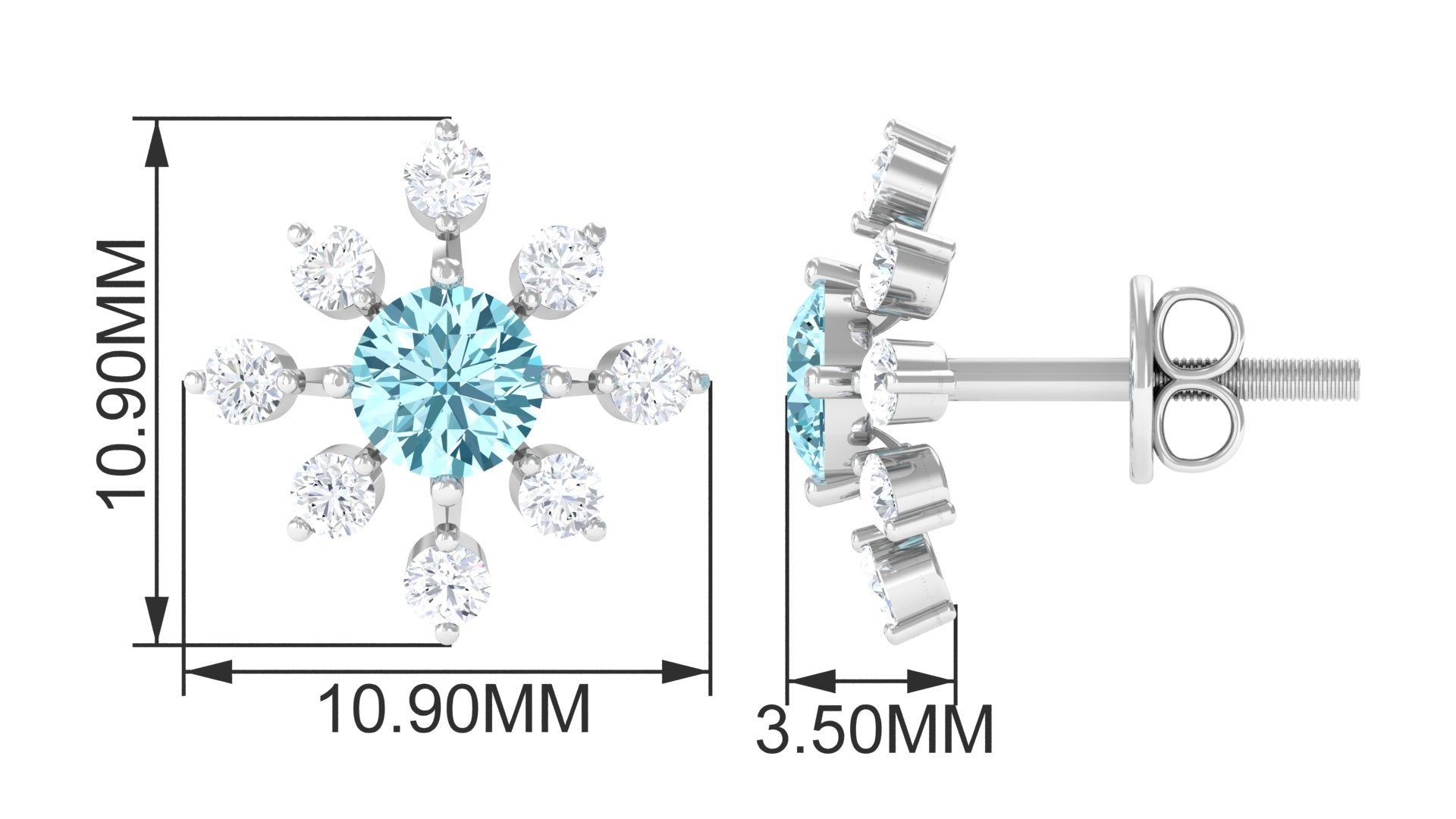 Minimal Snowflake Stud Earrings with Aquamarine and Diamond Aquamarine - ( AAA ) - Quality - Rosec Jewels