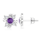 1/2 CT Round Shape Amethyst and Diamond Sunburst Stud Earrings Amethyst - ( AAA ) - Quality - Rosec Jewels