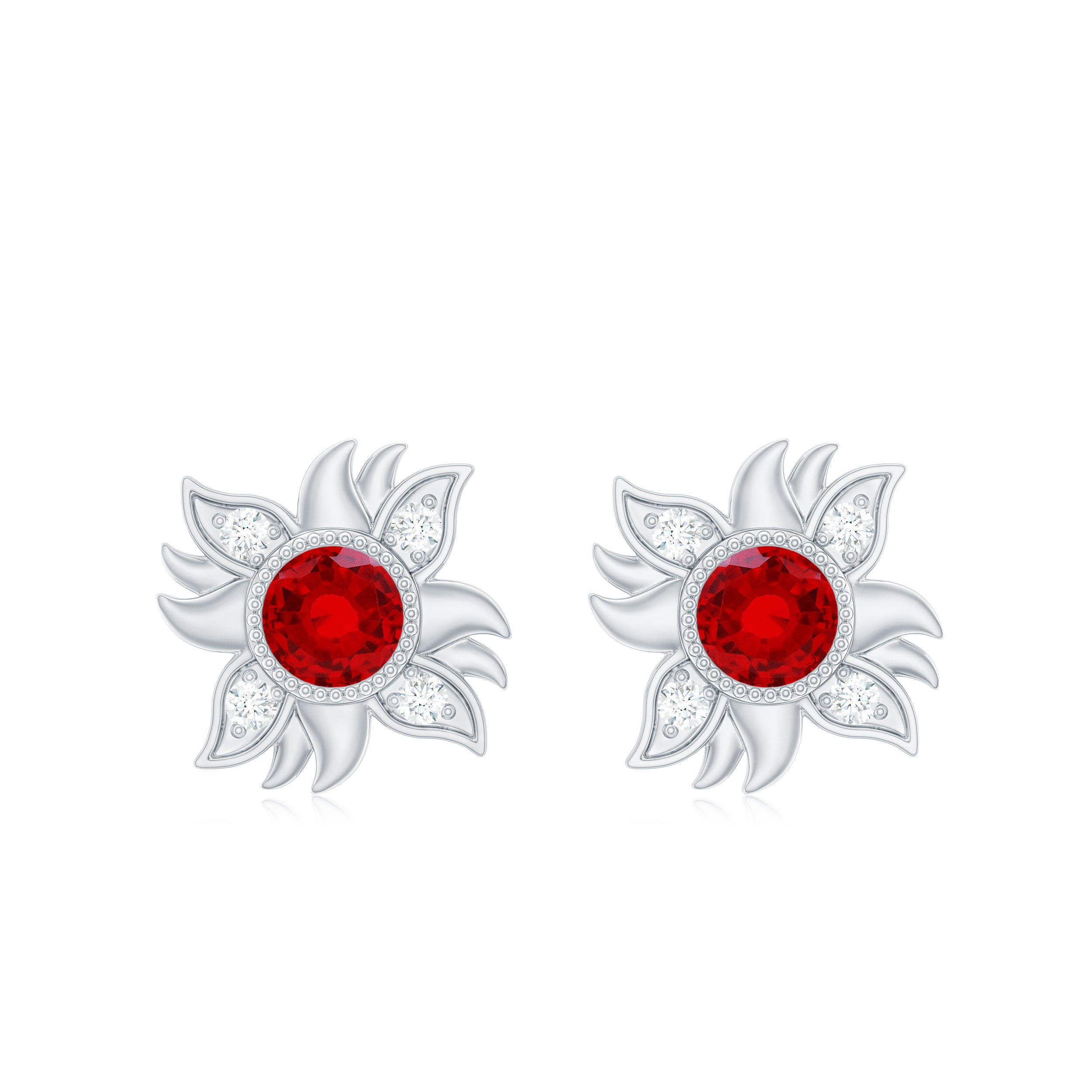 Bezel Set Lab Grown Ruby and Diamond Sunburst Stud Earrings Lab Created Ruby - ( AAAA ) - Quality - Rosec Jewels