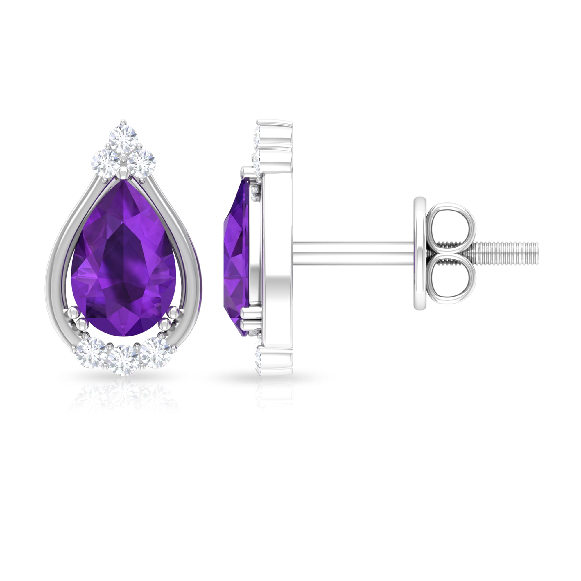 Amethyst Teardrop Stud Earrings with Diamond Amethyst - ( AAA ) - Quality - Rosec Jewels