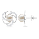 6 MM Round Freshwater Pearl Solitaire Floral Stud Earrings with Diamond Accent Freshwater Pearl - ( AAA ) - Quality - Rosec Jewels