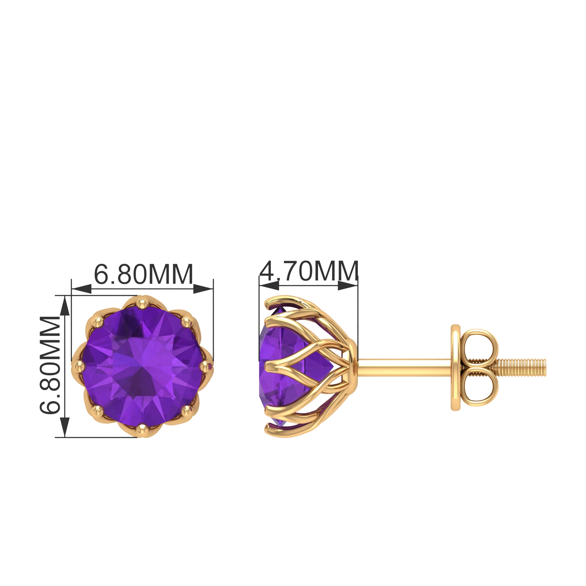 7 MM Decorative Amethyst Solitaire Stud Earrings Amethyst - ( AAA ) - Quality - Rosec Jewels