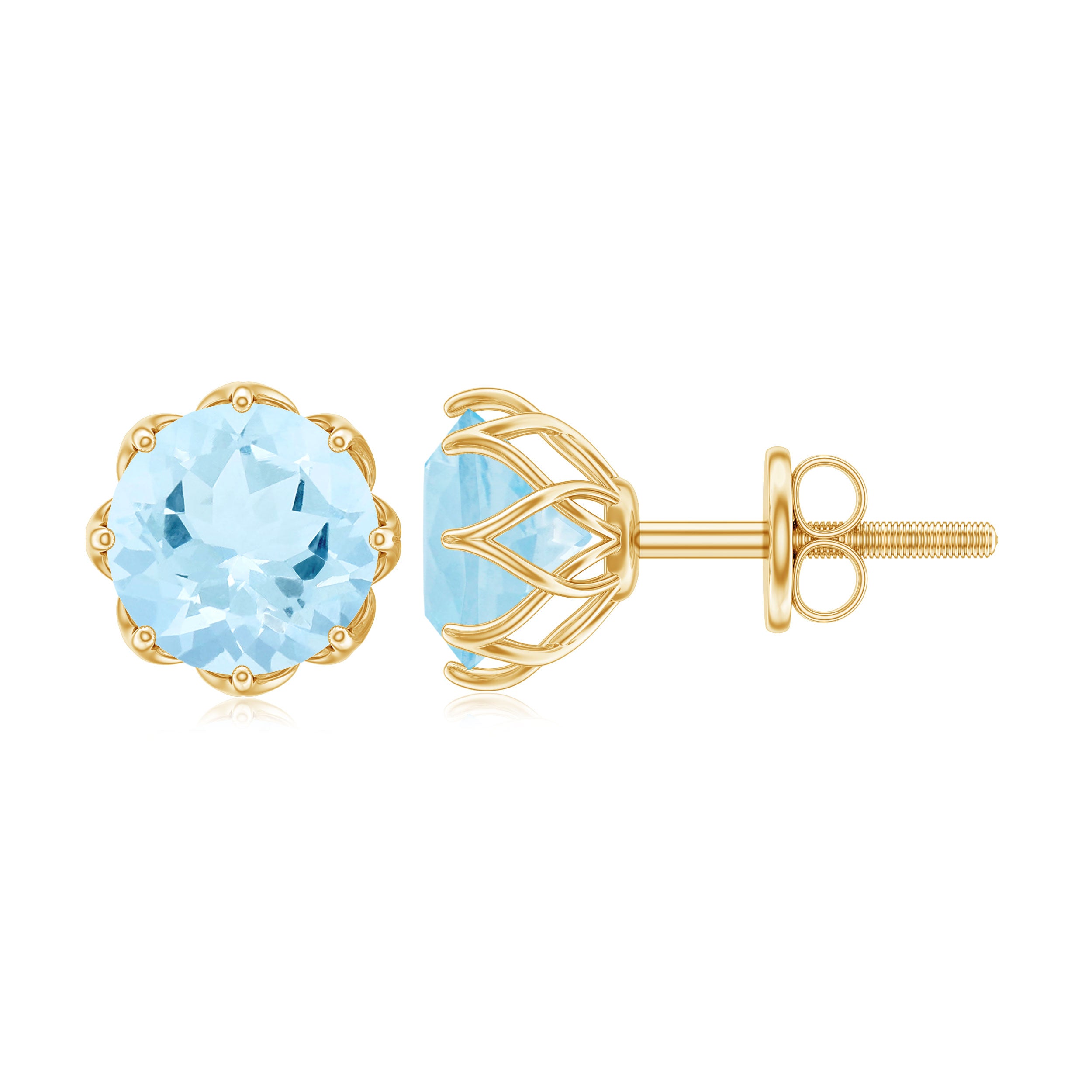 6 MM Decorative Aquamarine Solitaire Stud Earrings Aquamarine - ( AAA ) - Quality - Rosec Jewels