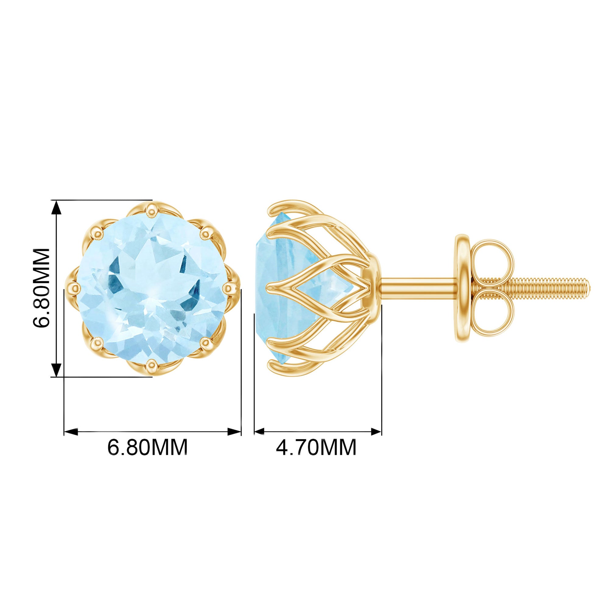 6 MM Decorative Aquamarine Solitaire Stud Earrings Aquamarine - ( AAA ) - Quality - Rosec Jewels