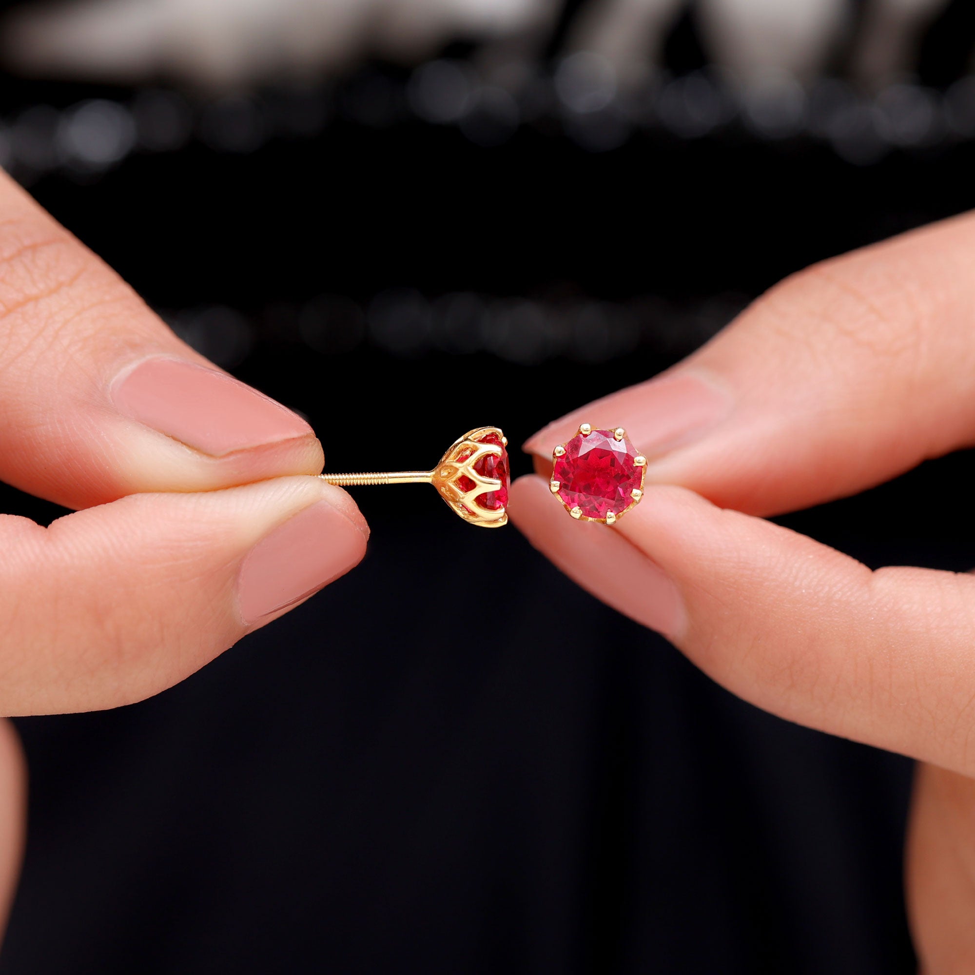 6 MM Decorative Created Ruby Solitaire Stud Earrings Lab Created Ruby - ( AAAA ) - Quality - Rosec Jewels