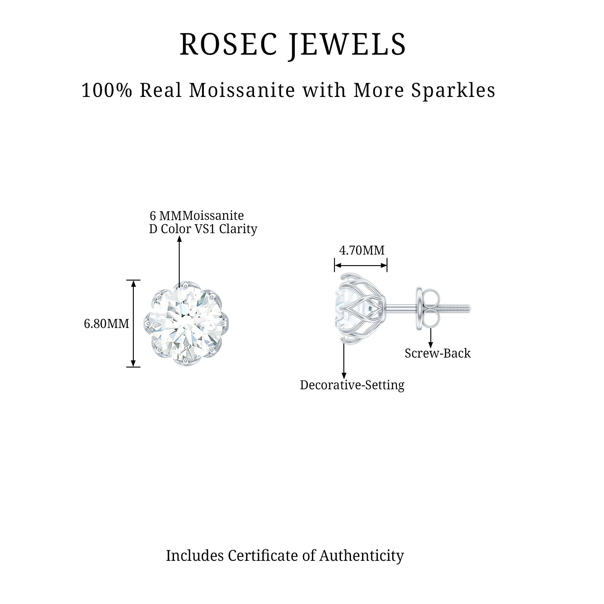 2 CT Certified Moissanite Solitaire Stud Earrings in Gold Moissanite - ( D-VS1 ) - Color and Clarity - Rosec Jewels