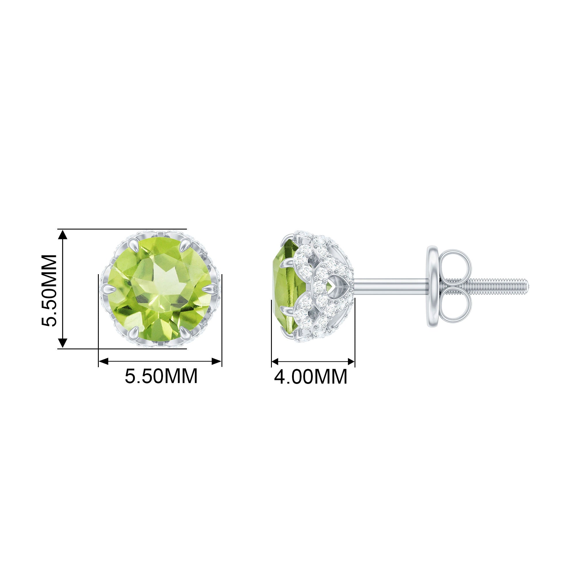 1.25 CT Peridot Solitaire Stud Earrings with Diamond Accent Peridot - ( AAA ) - Quality - Rosec Jewels