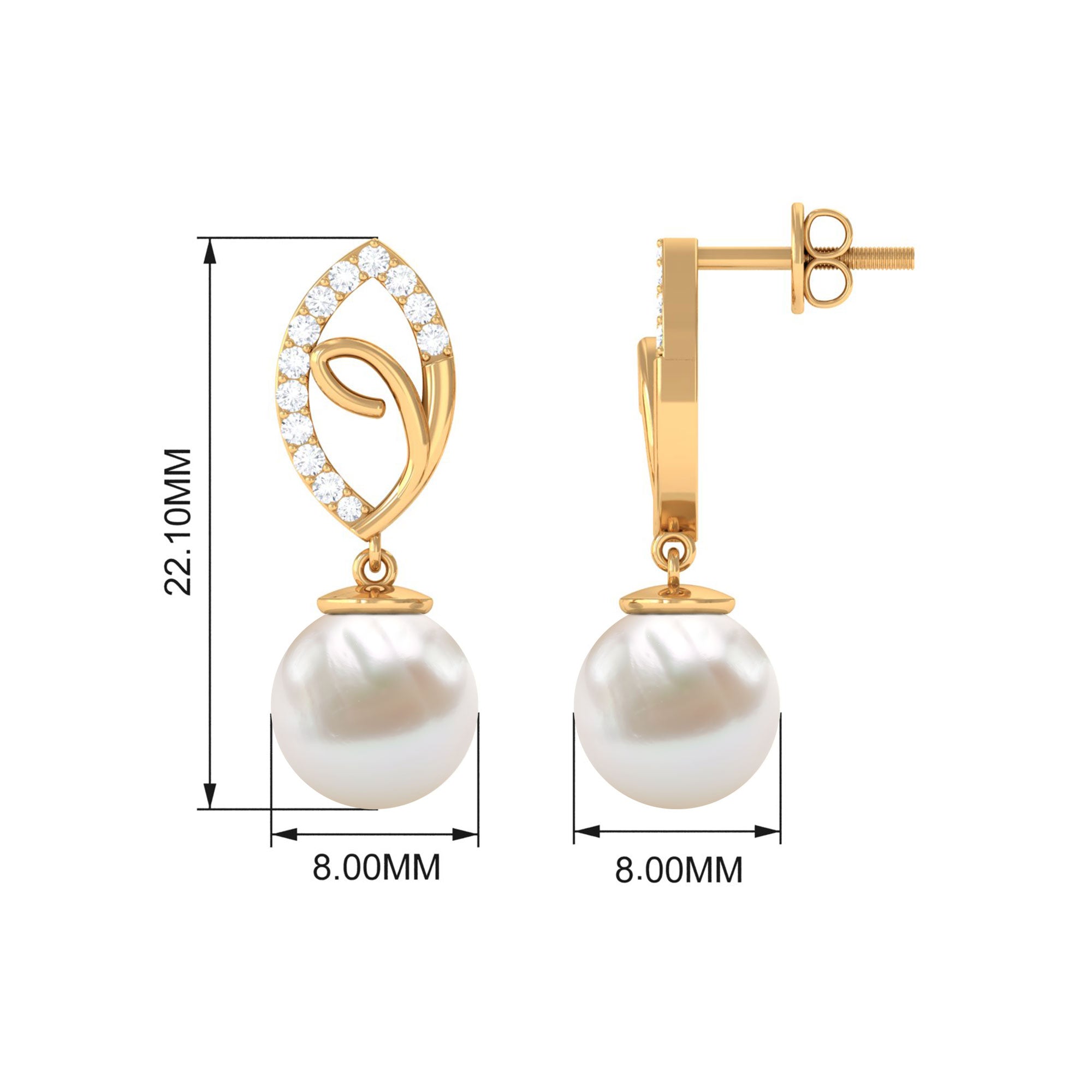 Diamond Leaf and Freshwater Pearl Dangle Drop Earrings Freshwater Pearl - ( AAA ) - Quality - Rosec Jewels