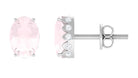 Rose Quartz Oval Stud Earrings with Diamond Rose Quartz - ( AAA ) - Quality - Rosec Jewels