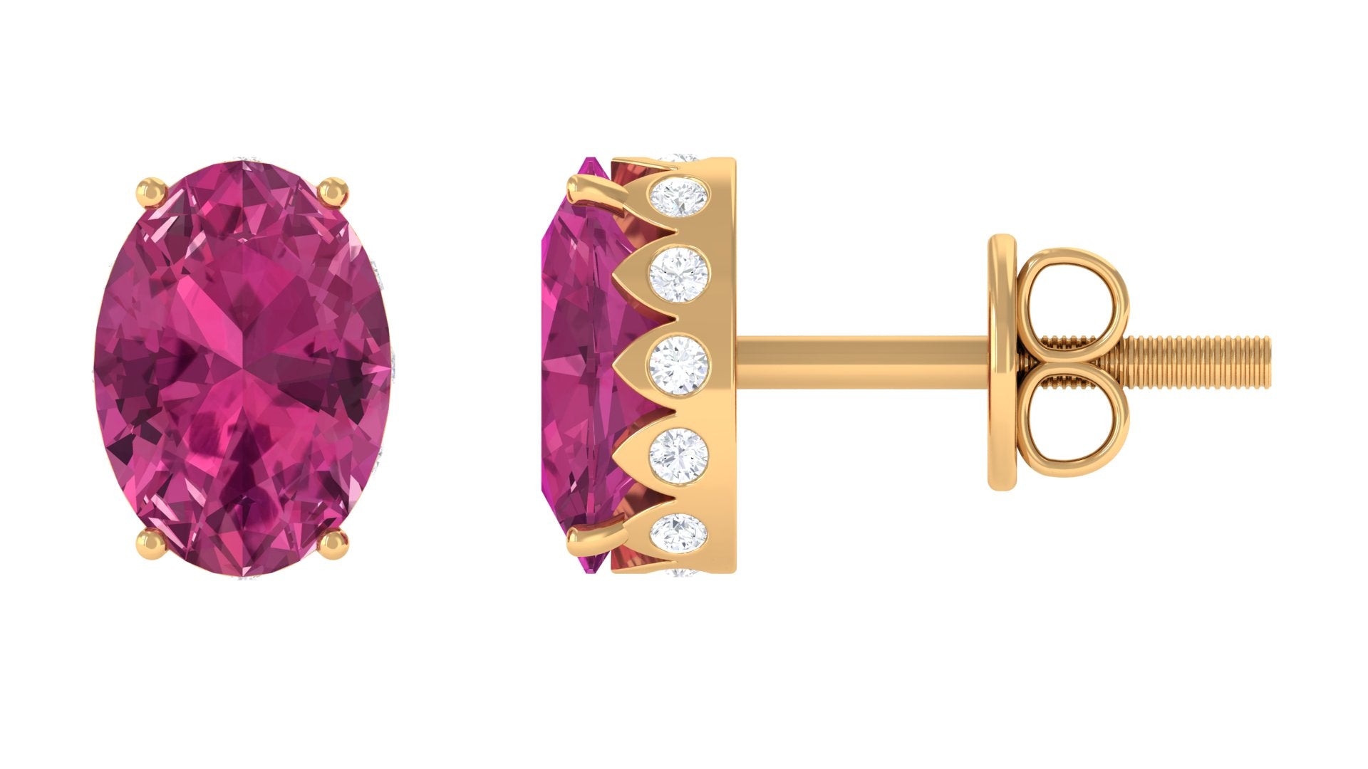 Pink Tourmaline Oval Stud Earrings with Diamond Pink Tourmaline - ( AAA ) - Quality - Rosec Jewels