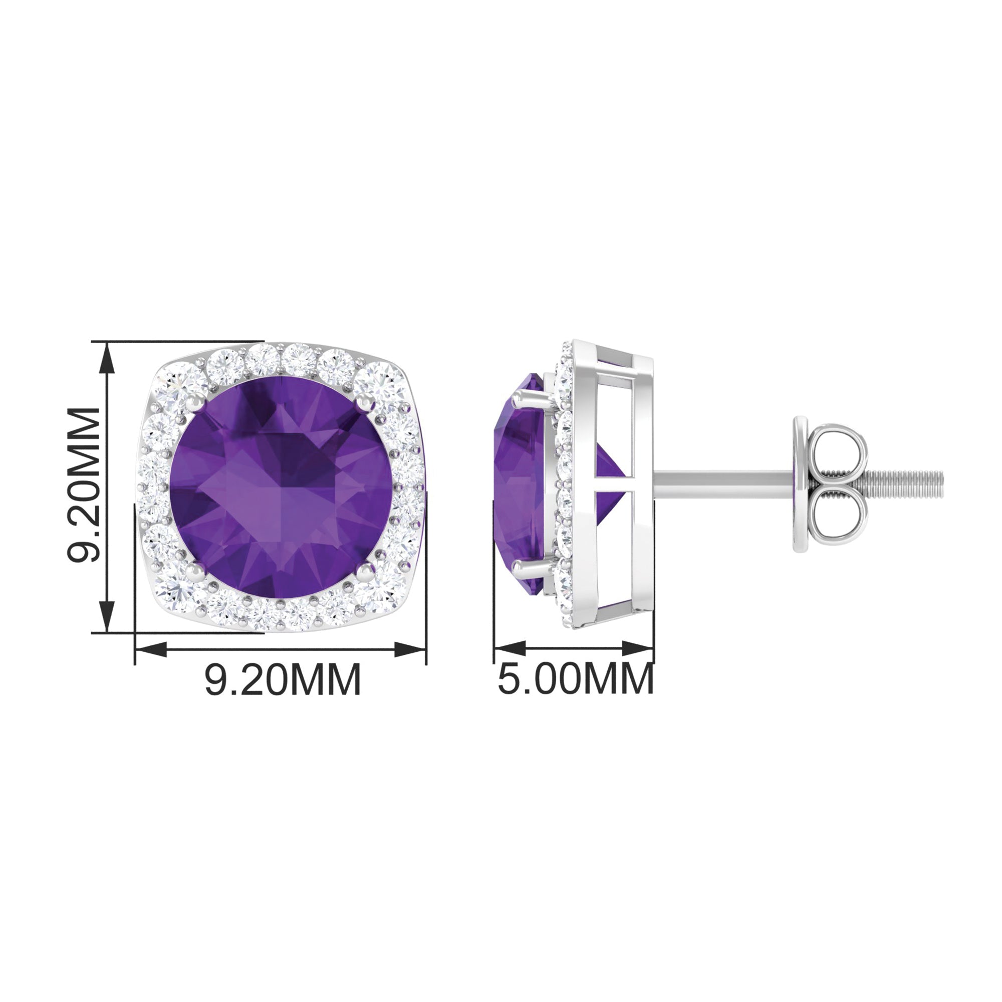 Classic Round Amethyst Halo Stud Earrings with Diamond Amethyst - ( AAA ) - Quality - Rosec Jewels