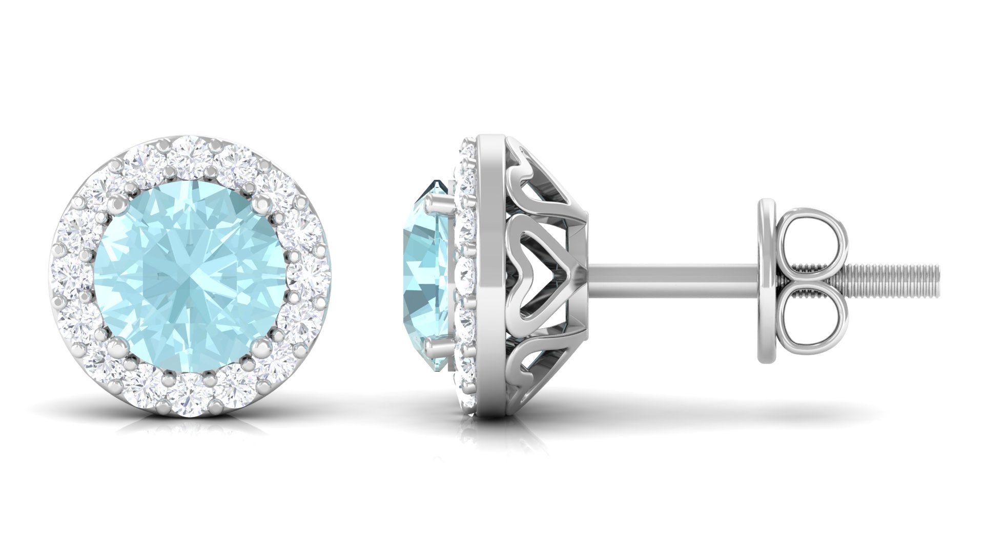 Real Swiss Blue Topaz and Diamond Halo Stud Earrings Sky Blue Topaz - ( AAA ) - Quality - Rosec Jewels