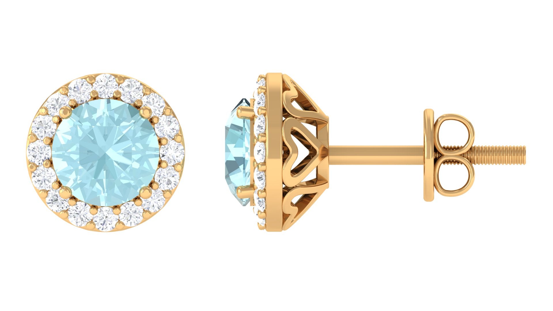 Real Swiss Blue Topaz and Diamond Halo Stud Earrings Sky Blue Topaz - ( AAA ) - Quality - Rosec Jewels