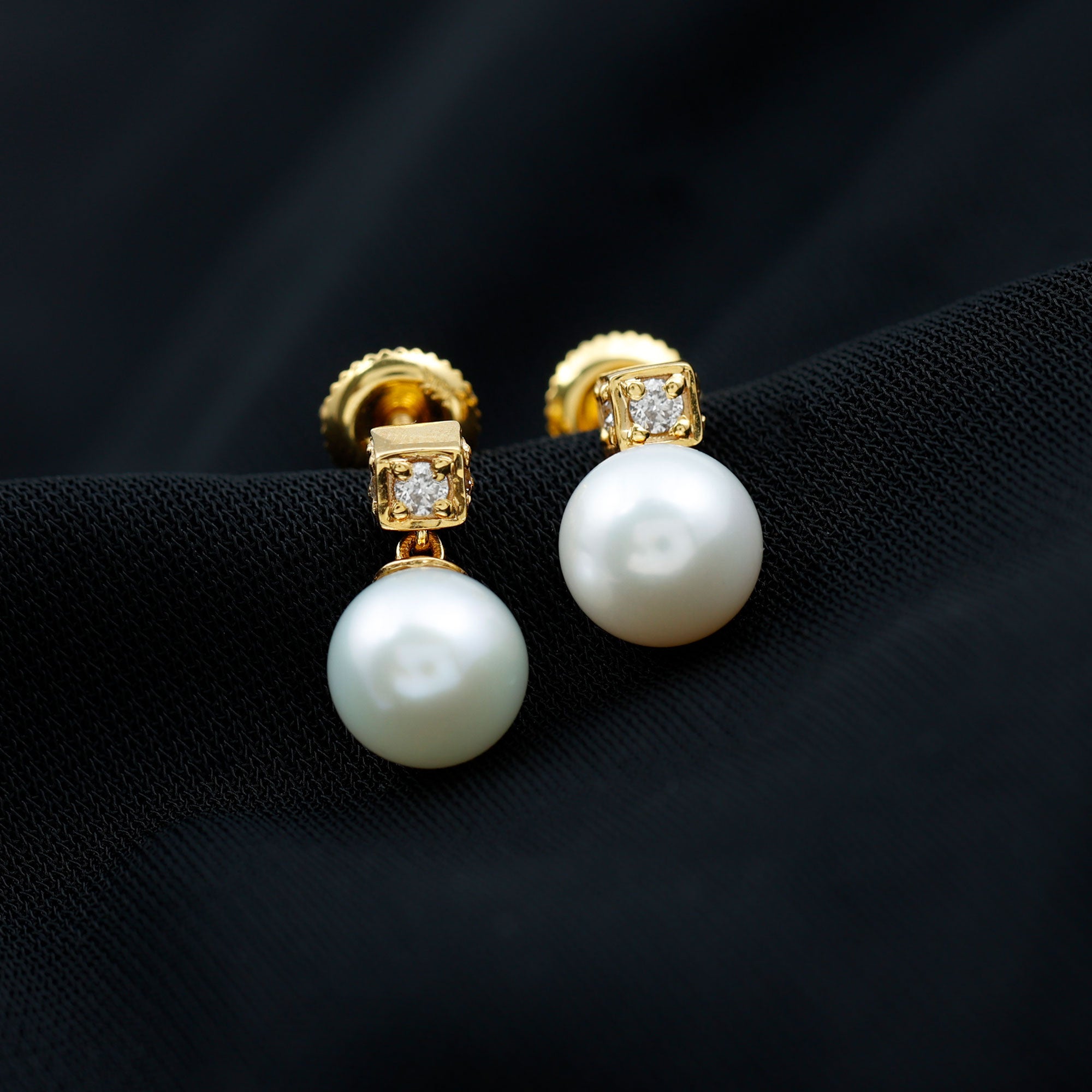 Real Freshwater Pearl Drop with Diamond Stud Earrings Freshwater Pearl - ( AAA ) - Quality - Rosec Jewels