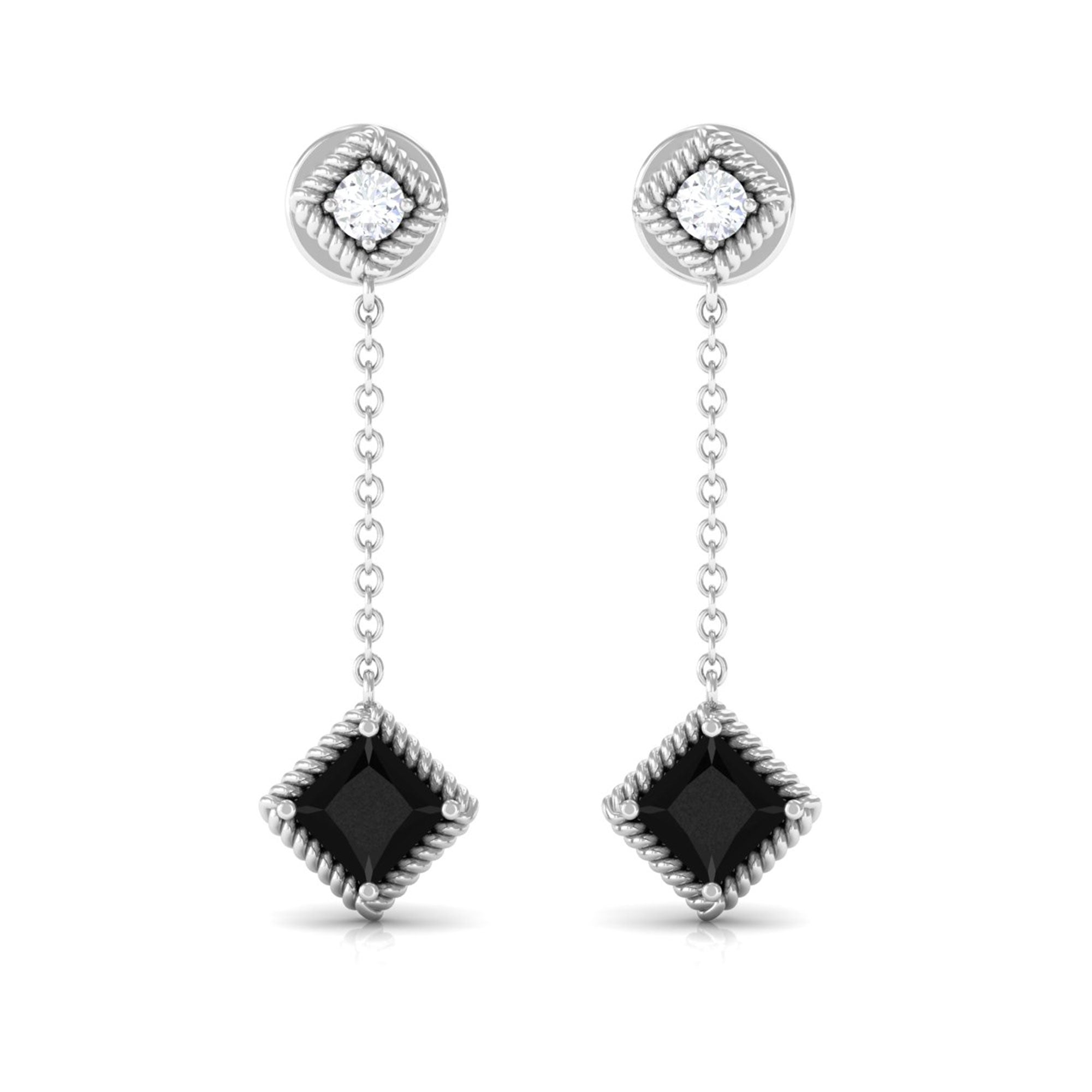 1.25 CT Princess Cut Black Onyx Chain Dangle Earrings with Diamond Black Onyx - ( AAA ) - Quality - Rosec Jewels