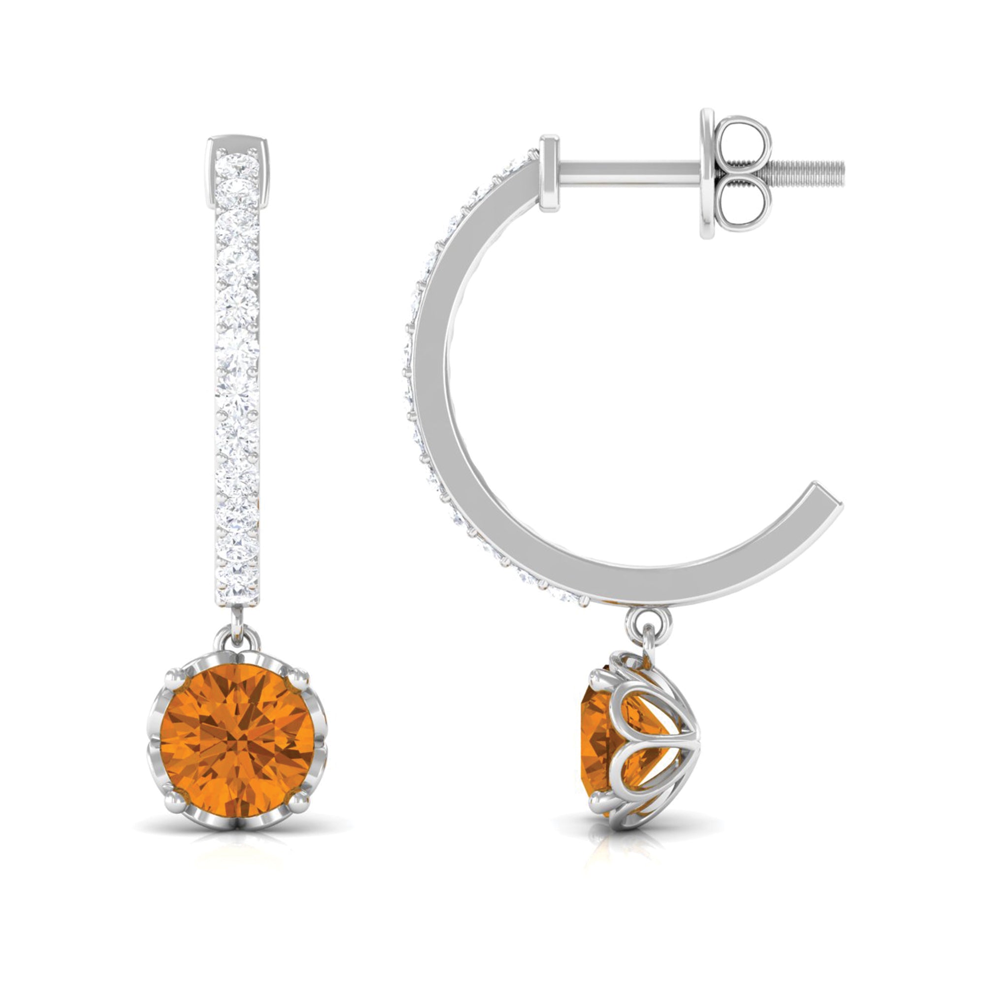 Minimal Round Citrine Hoop Drop Earrings with Diamond Citrine - ( AAA ) - Quality - Rosec Jewels