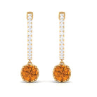 Minimal Round Citrine Hoop Drop Earrings with Diamond Citrine - ( AAA ) - Quality - Rosec Jewels