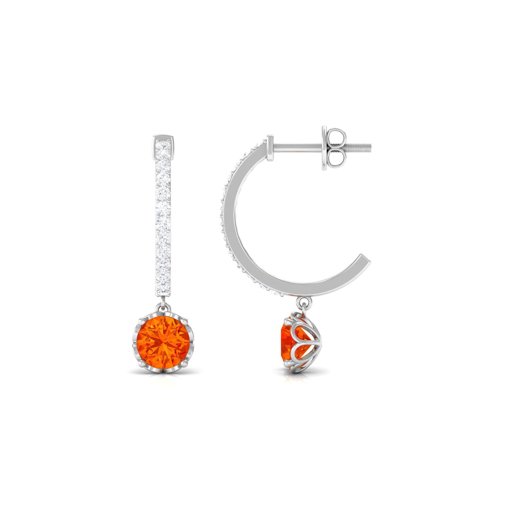 Lab Grown Orange Sapphire Hoop Drop Earrings with Diamond Lab Created Orange Sapphire - ( AAAA ) - Quality - Rosec Jewels