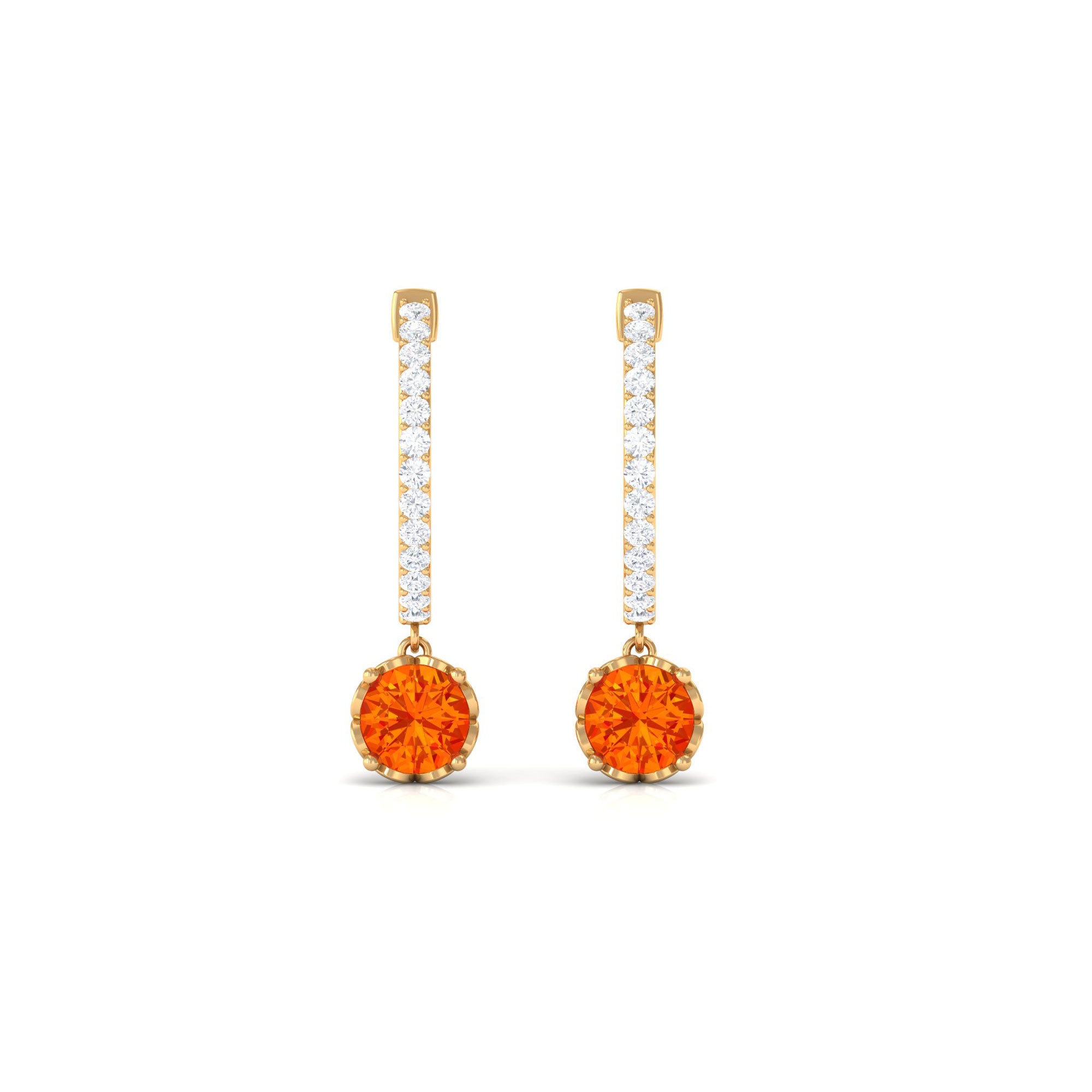 Lab Grown Orange Sapphire Hoop Drop Earrings with Diamond Lab Created Orange Sapphire - ( AAAA ) - Quality - Rosec Jewels