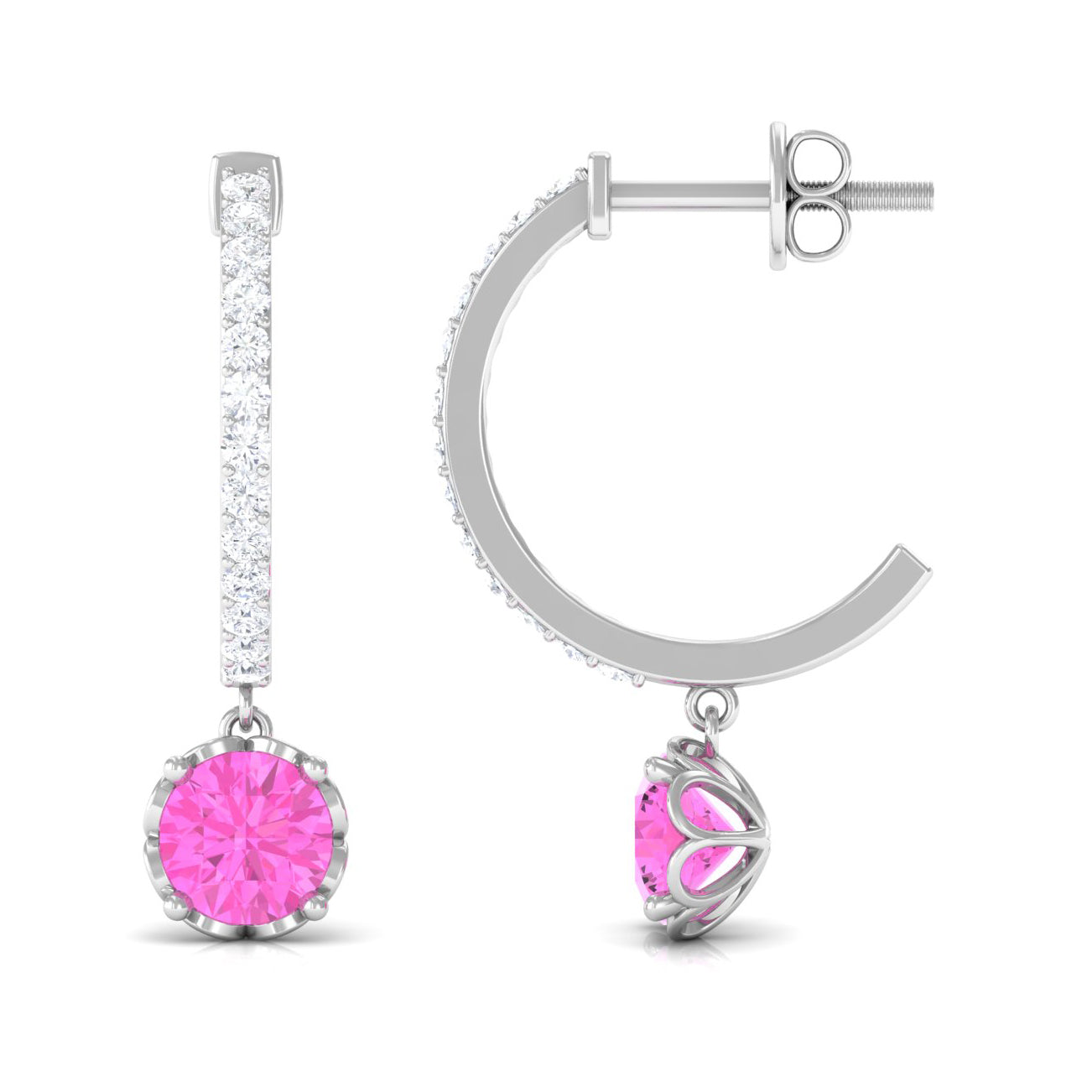 Created Pink Sapphire Hoop Earrings With Diamond Lab Created Pink Sapphire - ( AAAA ) - Quality - Rosec Jewels