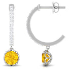 Round Lab Grown Yellow Sapphire Hoop Drop Earrings with Diamond Lab Created Yellow Sapphire - ( AAAA ) - Quality - Rosec Jewels