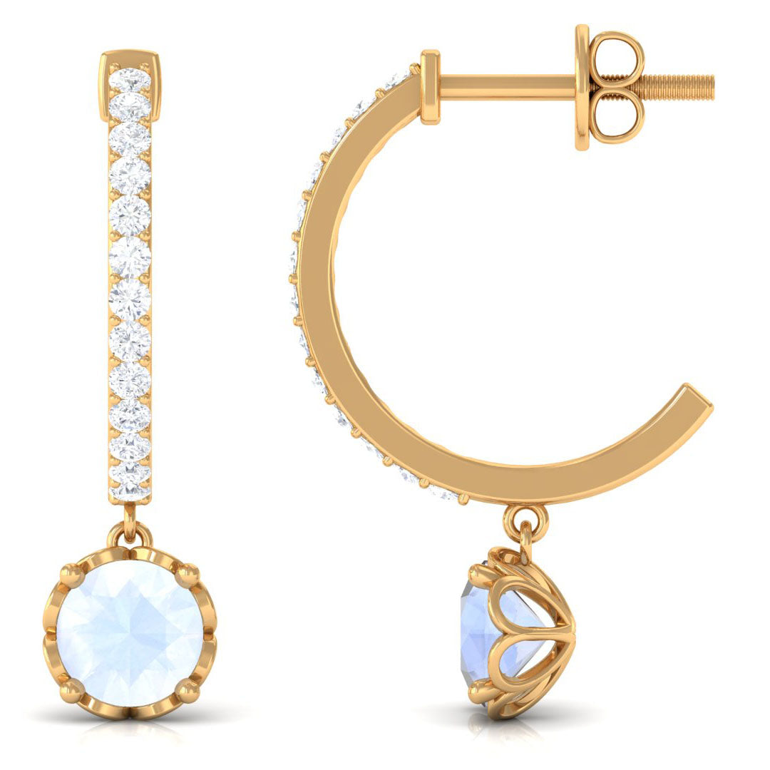 Minimal Round Moonstone Hoop Drop Earrings with Diamond Moonstone - ( AAA ) - Quality - Rosec Jewels