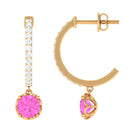 Round Pink Sapphire Hoop Drop Earrings with Diamond Pink Sapphire - ( AAA ) - Quality - Rosec Jewels