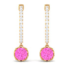 Round Pink Sapphire Hoop Drop Earrings with Diamond Pink Sapphire - ( AAA ) - Quality - Rosec Jewels