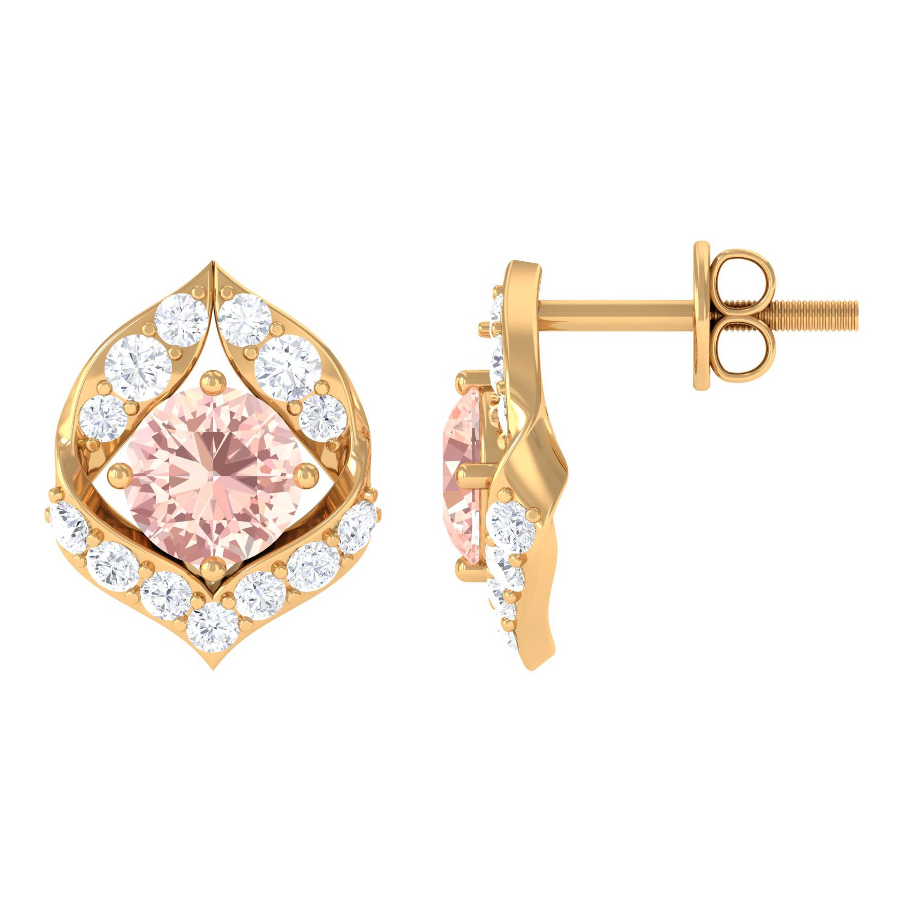 Dainty Morganite Petal Stud Earrings with Diamond Morganite - ( AAA ) - Quality - Rosec Jewels