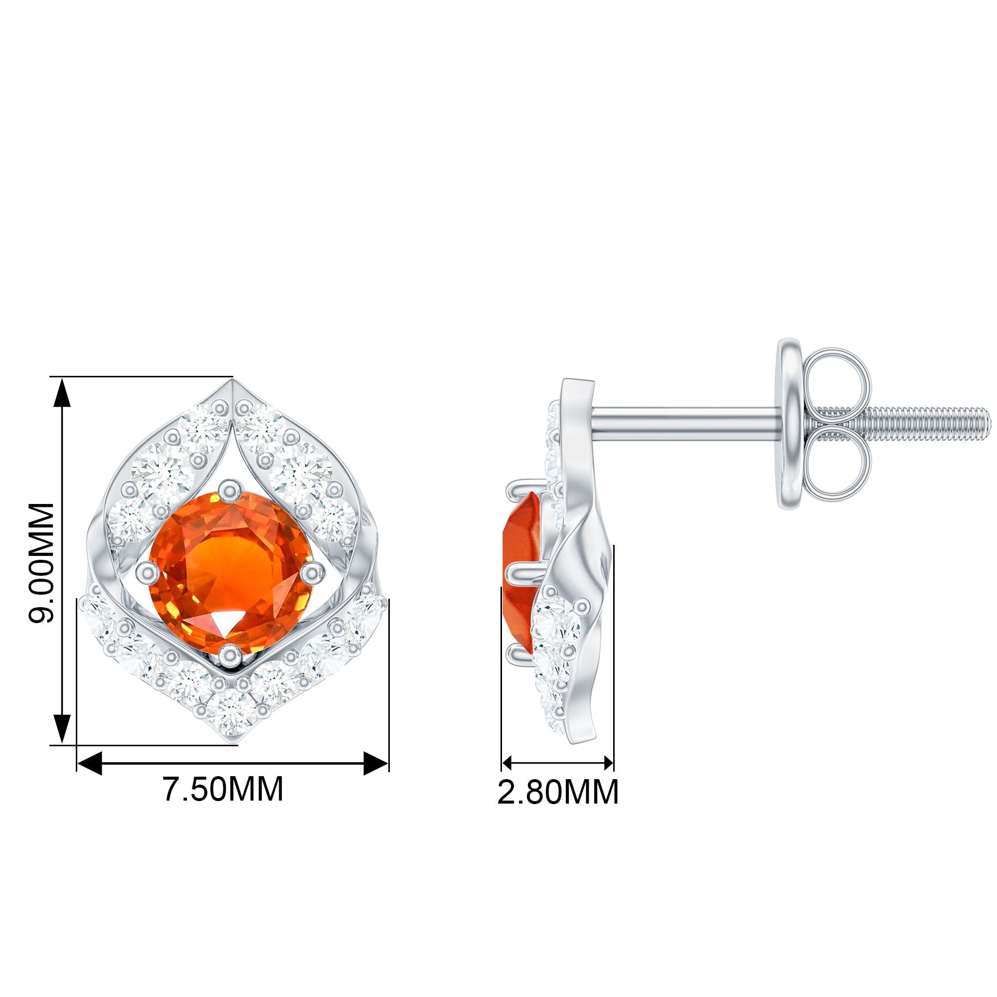 Lab Grown Orange Sapphire Stud Earrings with Diamond Lab Created Orange Sapphire - ( AAAA ) - Quality - Rosec Jewels