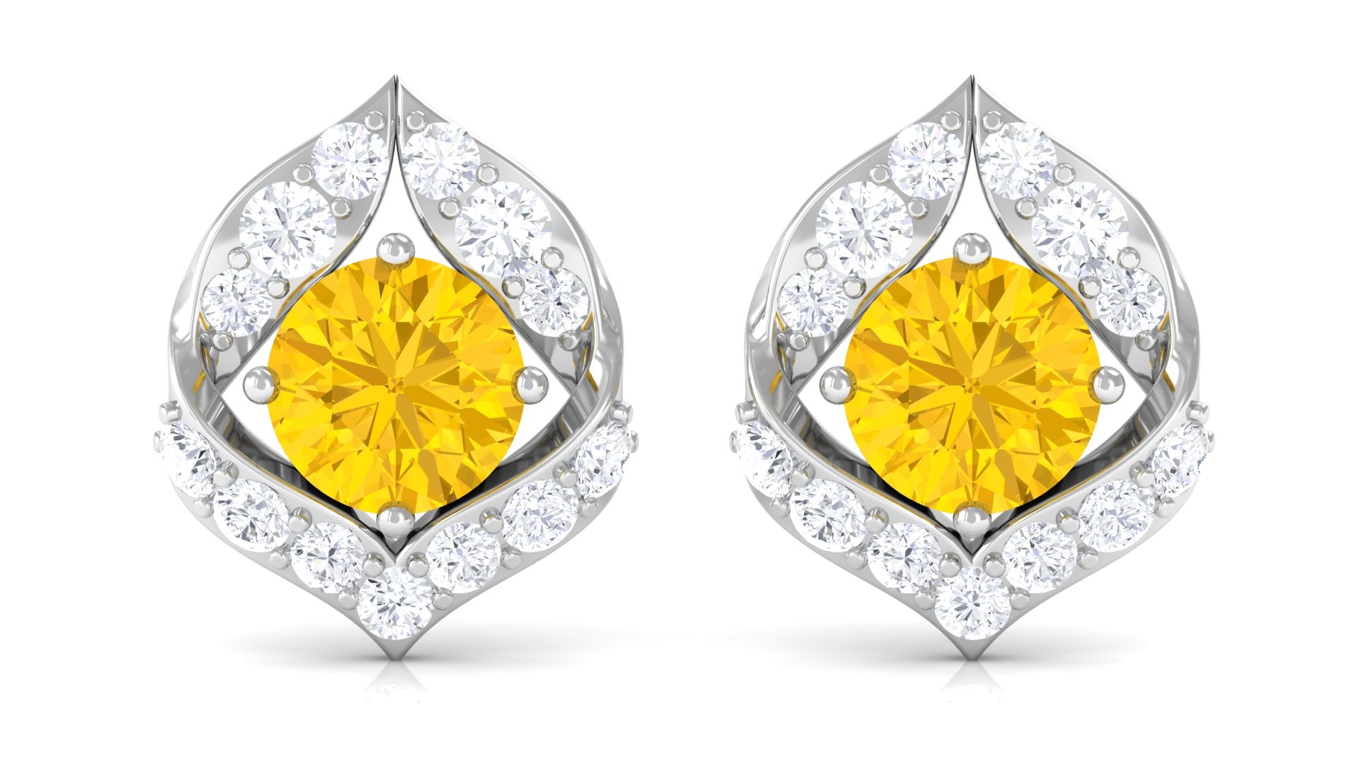 Lab Grown Yellow Sapphire Stud Earrings with Diamond Lab Created Yellow Sapphire - ( AAAA ) - Quality - Rosec Jewels