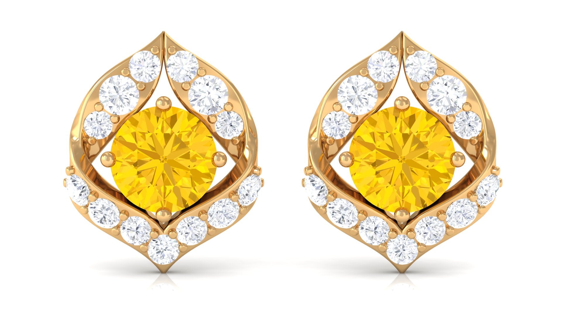 Lab Grown Yellow Sapphire Stud Earrings with Diamond Lab Created Yellow Sapphire - ( AAAA ) - Quality - Rosec Jewels