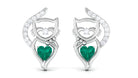 Cute Cat Stud Earrings with Emerald and Diamond Emerald - ( AAA ) - Quality - Rosec Jewels