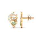 Heart Shape Green Sapphire Cute Cat Stud Earrings with Diamond Green Sapphire - ( AAA ) - Quality - Rosec Jewels