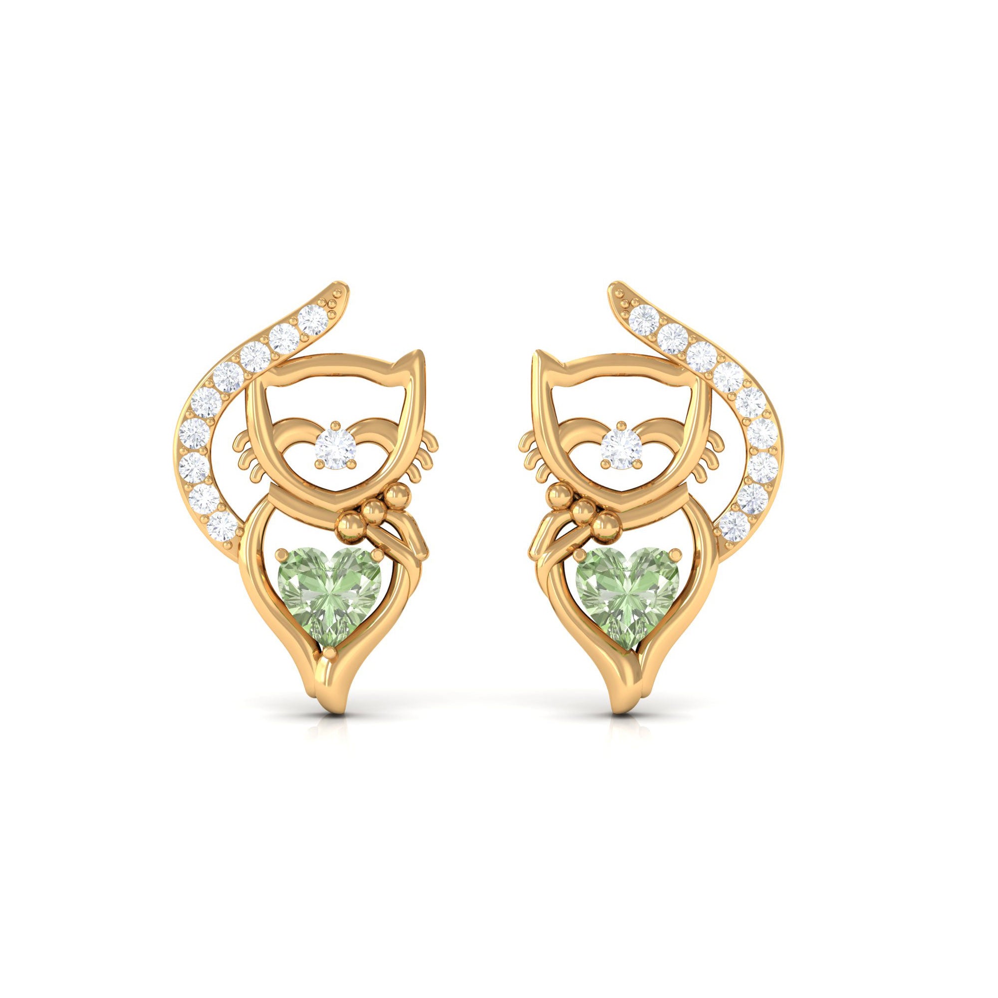 Heart Shape Green Sapphire Cute Cat Stud Earrings with Diamond Green Sapphire - ( AAA ) - Quality - Rosec Jewels