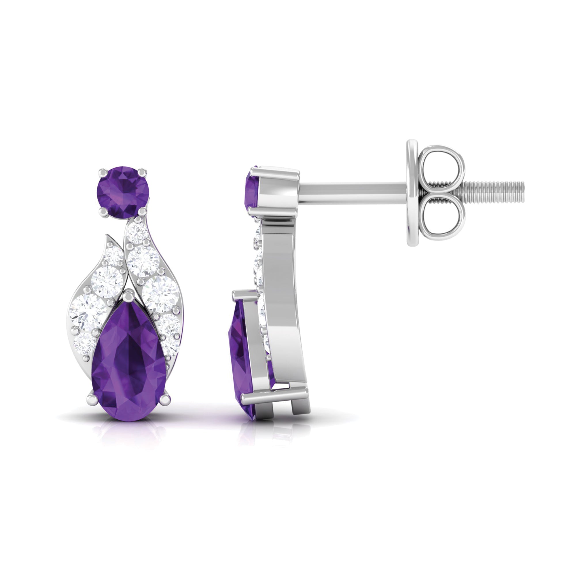 Nature Inspired Amethyst and Diamond Leaf Stud Earrings Amethyst - ( AAA ) - Quality - Rosec Jewels