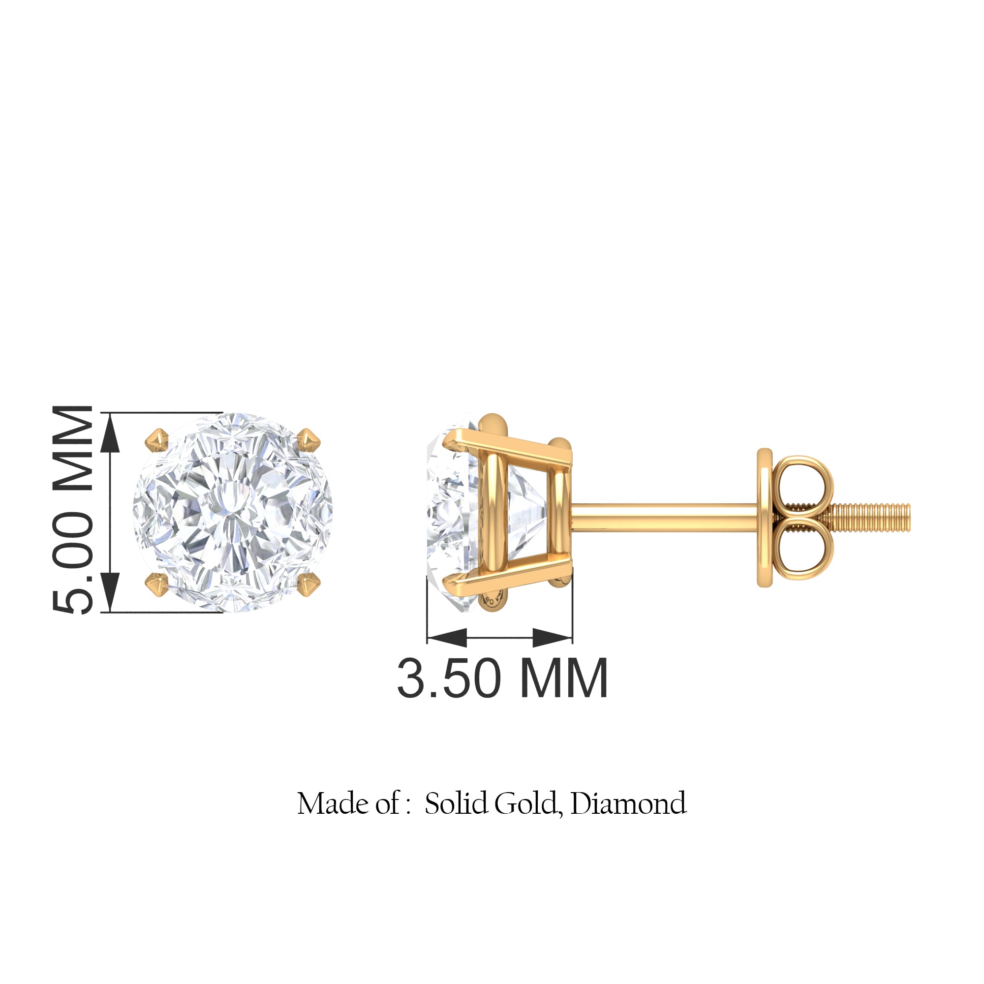 Lab Grown Diamond Solitaire Stud Earrings with Screw Back Lab Grown Diamond - ( EF-VS ) - Color and Clarity - Rosec Jewels